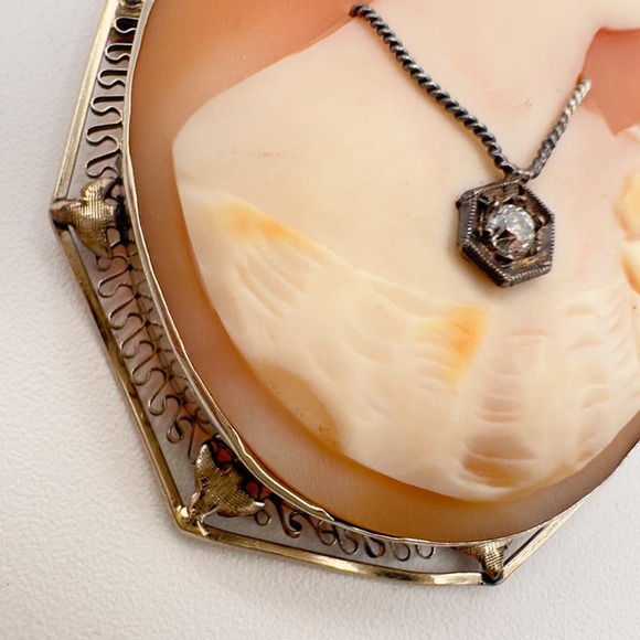 Antique Hand Carved Shell Cameo Habillé Brooch/Pendant 14k/10k Filigree Diamond - Picture 5 of 13